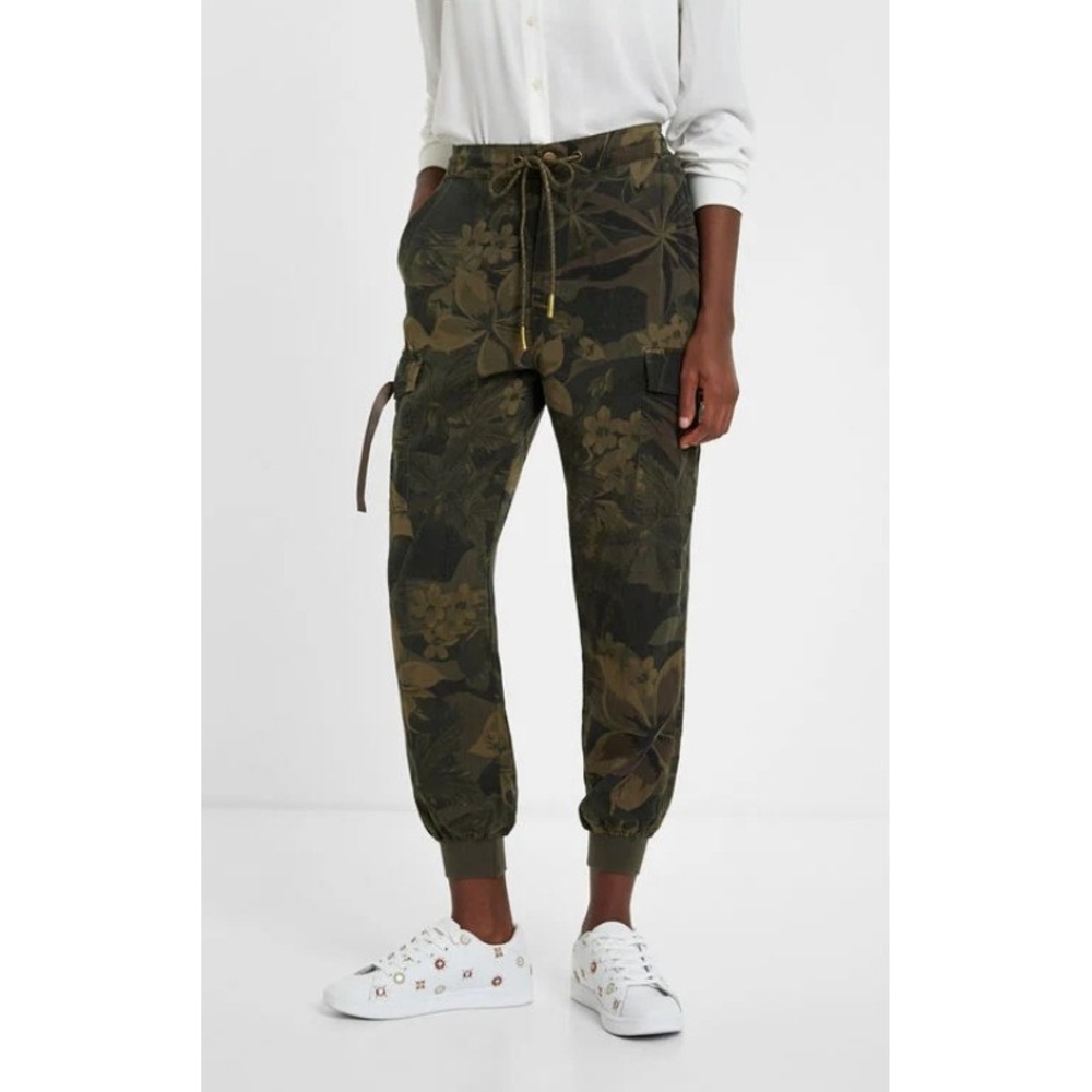 Desigual Camo Cargo Jogger Pants Green Slouchy Lagenlook Lightweight Utility S